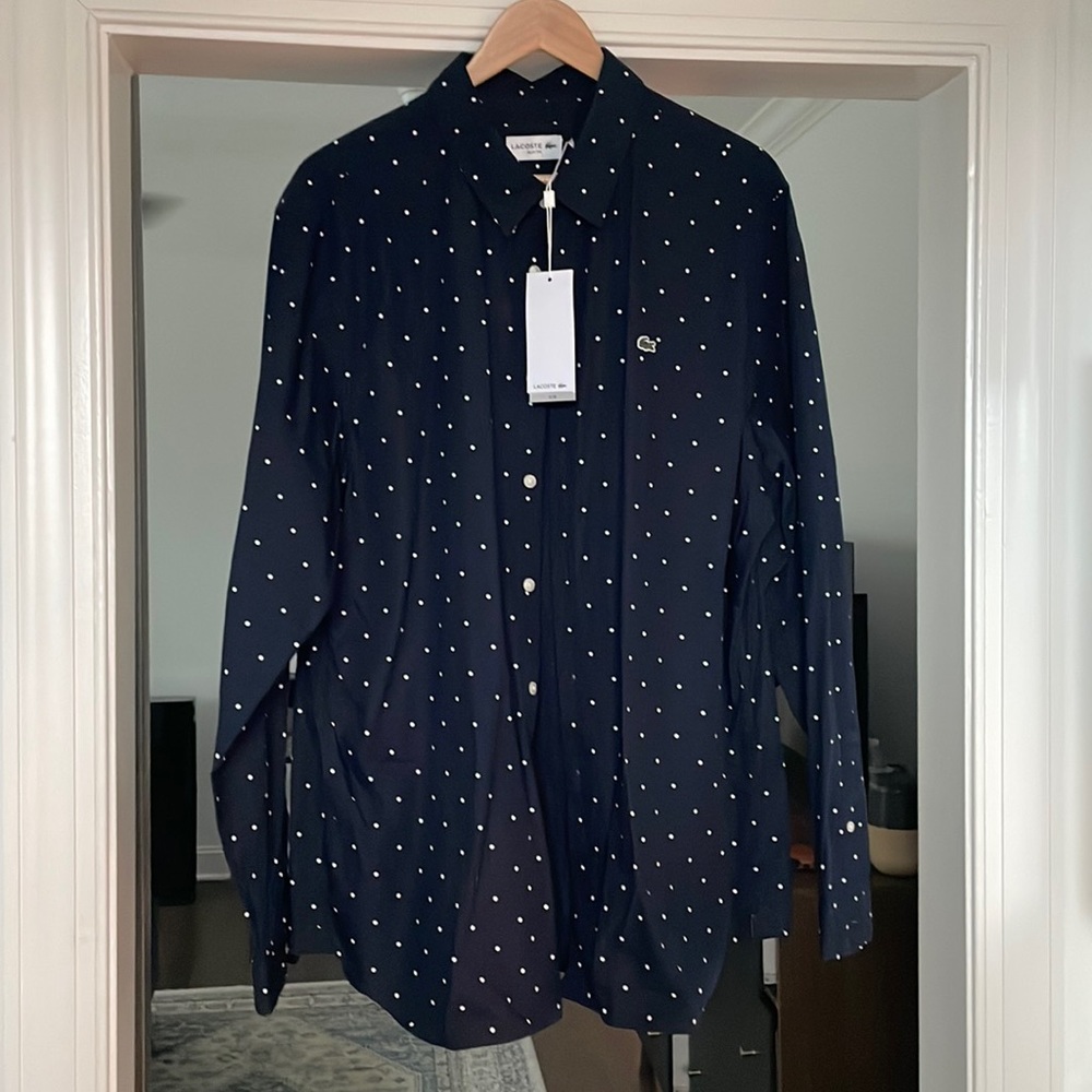 New Lacoste blue and white dot button up. XXL